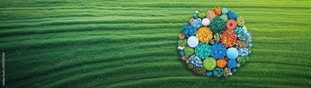 Poster vibrant green field adorned with a diverse array of colorful stones creating a playful and eye catch