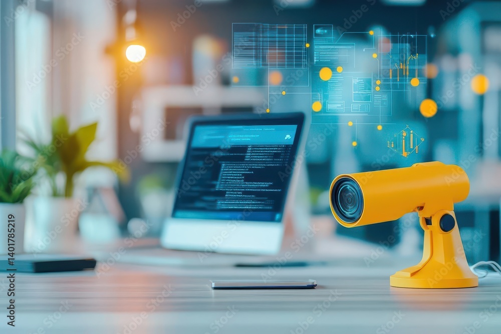 Aufkleber a vibrant yellow camera resting on a modern desk surrounded by a sleek laptop and monitor creating a