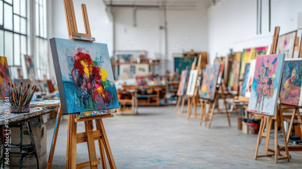 Poster artistic painting studio filled with various easels brushes and colorful canvases creating a vibrant