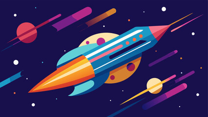 Naklejka premium Intergalactic Traveler A stylized spaceship designed for warp travel showcasing sleek lines and glowing engines zooming through a starfilled expanse with vivid colors of a nebula