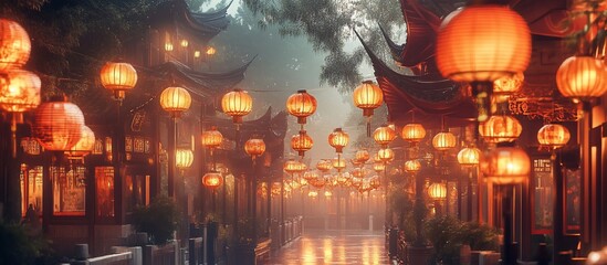 Rainy Asian Street, Lanterns, Foggy Night, Festive