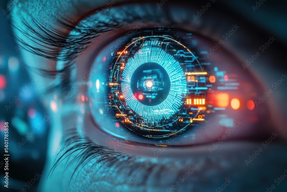 Poster close up of an eye featuring a futuristic interface with neon colors and digital elements creating a