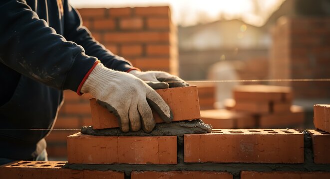 Bricklayer at work - building foundations - construction industry photo