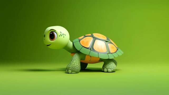 Cute Cartoon Turtle Walking on Green Background