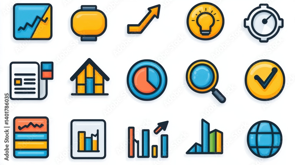 Poster a collection of 15 linear icons representing various statistics and data analysis tools including ch