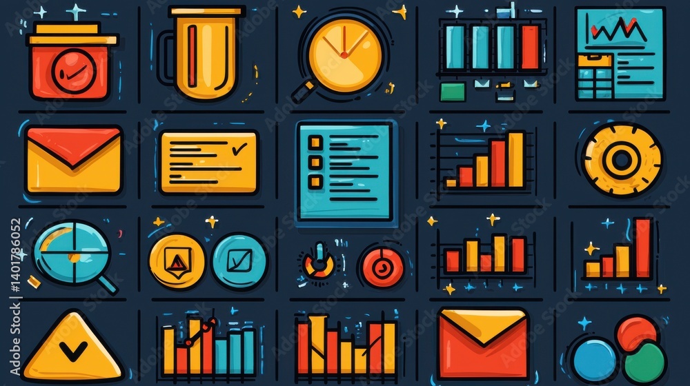 Poster a collection of minimalist linear icons representing various statistical and data visualization elem