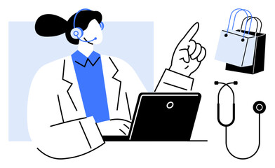 Medical professional using laptop for virtual consultation, pointing upwards. Shopping bags and stethoscope in view. Ideal for telemedicine, e-commerce, online services, healthcare, virtual