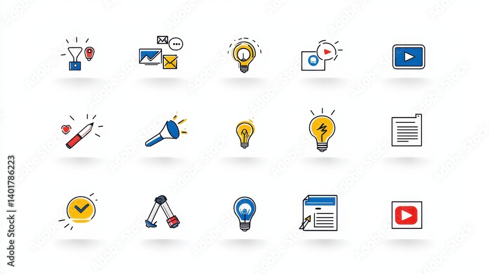 Poster a collection of 15 minimalist line art icons representing various elements of marketing strategy inc