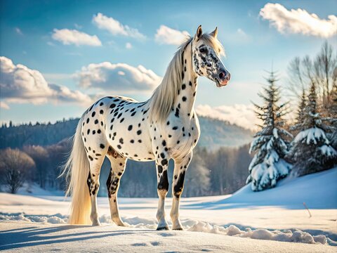 Knabstrupper Horse in Snow, Winter Equestrian Photography, Stunning White Horse, Snowy Landscape, Horse Portrait
