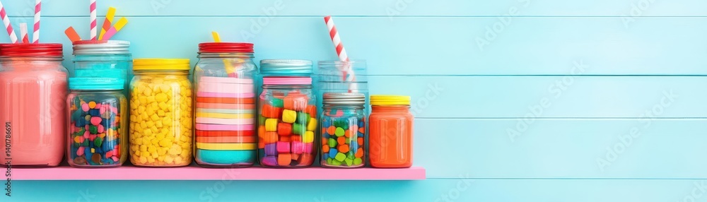 Poster vibrant colorful mason jars with straws displayed on a rustic wooden shelf inviting a cheerful and p