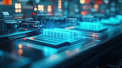 Fototapeta premium Futuristic 3D Printer Emitting Vibrant Blue Light in a Modern Workspace Surrounded by High-Tech Tools and Materials Creating a Dynamic Creative Atmosphere