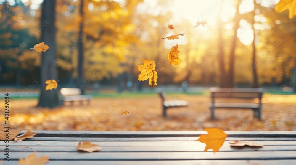 Poster golden autumn leaves gently falling from trees creating a colorful carpet on the forest floor undern