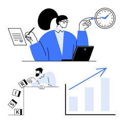 Professional managing clock and document, man constructing risk blocks, upward growth chart. Ideal for productivity, planning, decision making, business strategy, risk management, time efficiency