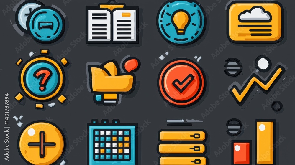 Poster a collection of 15 minimalist outline icons representing various aspects of workaholic stress includ