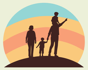 Fototapeta premium Father's Day Graphic: Family Silhouette at Sunset: Parents with Children on a Hill