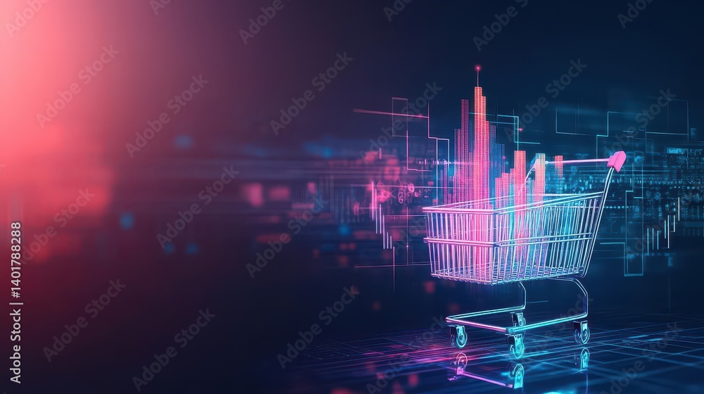Poster shopping cart on futuristic digital background symbolizing e commerce trends and modern retail exper