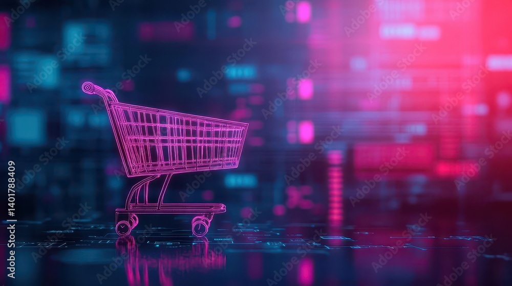 Poster shopping cart on table surrounded by colorful merchandise with bright lighting creating a busy retai