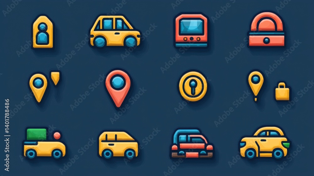 Poster a collection of 15 minimalist outline style icons depicting various elements related to road transpo