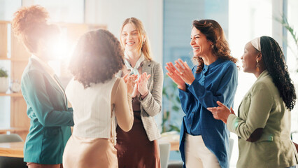 Happy, business women and meeting with applause for congratulations, achievement or winning at...