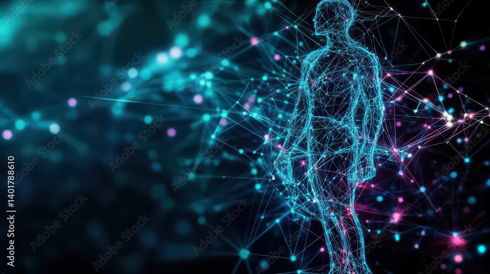 Poster intricate human body composition with interconnected lines and dots depicting a dynamic network of b