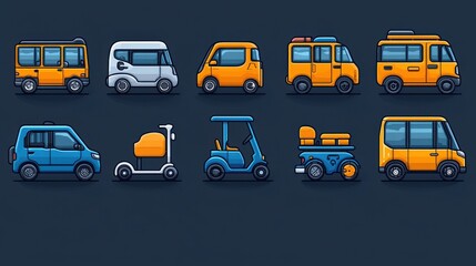 A collection of outline icons representing various compact electric and alternative transportation modes suitable for eco friendly urban commuting and delivery