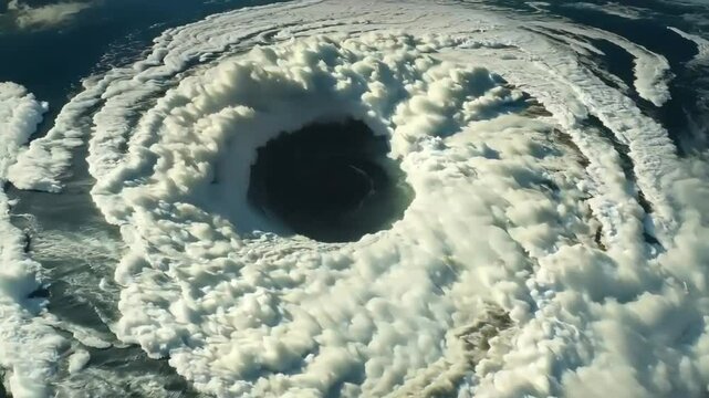 Aerial view shows a large hurricane system over the ocean with dense rotating clouds.