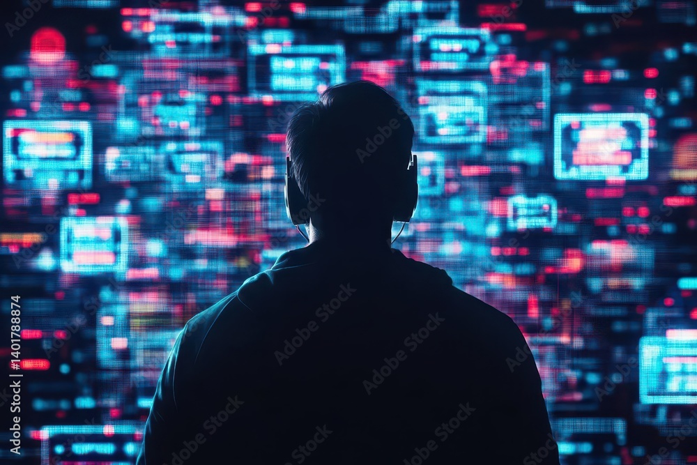 Poster a man stands thoughtfully in front of a vibrant wall of television screens displaying various images