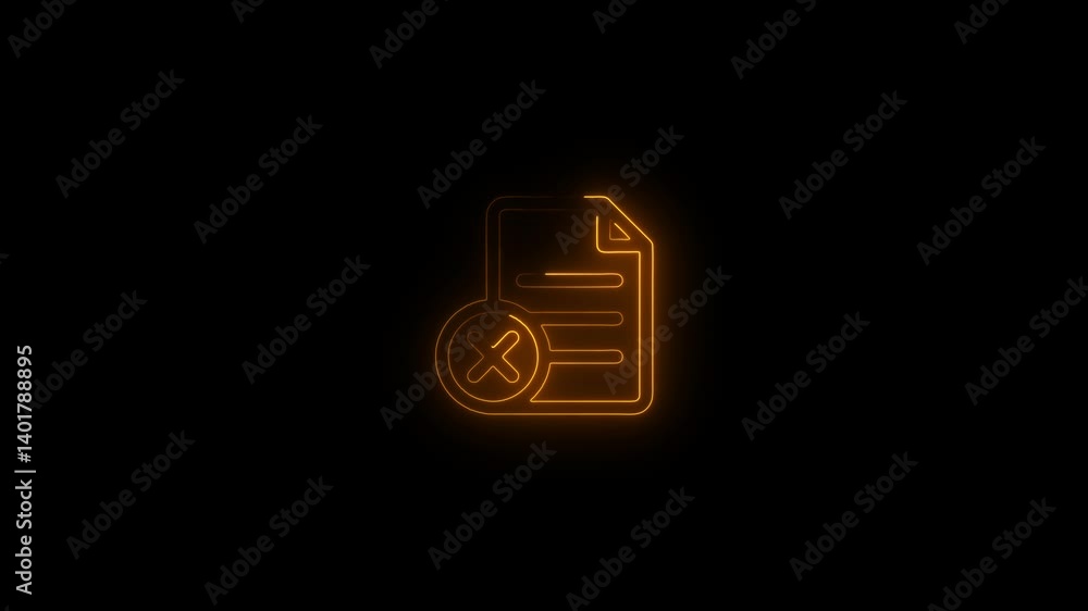 Poster glowing neon delete file document neon line icon. bright neon line rejected icon animation on black 