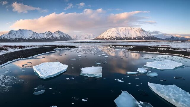 Scenic Snow-Capped Mountains with Floating Icebergs and Calm Waters

