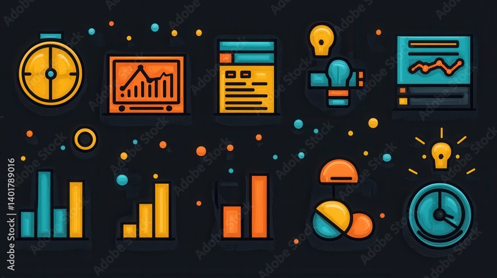 Poster a collection of 15 outline icons representing various statistical and analytical elements such as gr