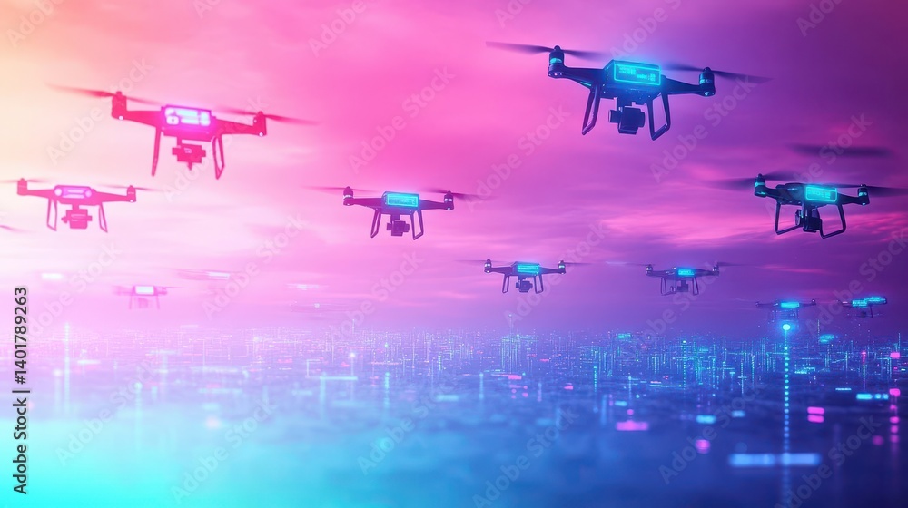 Aufkleber dynamic aerial display of multiple drones soaring above urban skyline showcasing modern technology i
