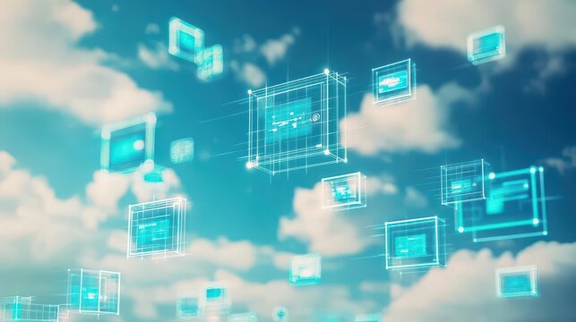 Vibrant Blue Sky with Fluffy White Clouds and Geometric Shapes Creating a Unique and Artistic Atmosphere of Calm and Inspiration in Nature