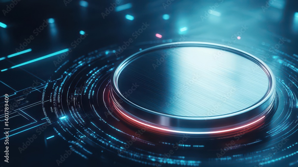 Poster metal disk with illuminated red light on top showcasing modern design and technology in a minimalist