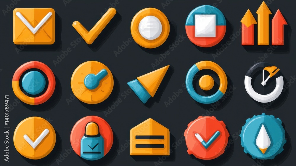 Poster a collection of simple geometric icons representing various elements of action planning strategy and