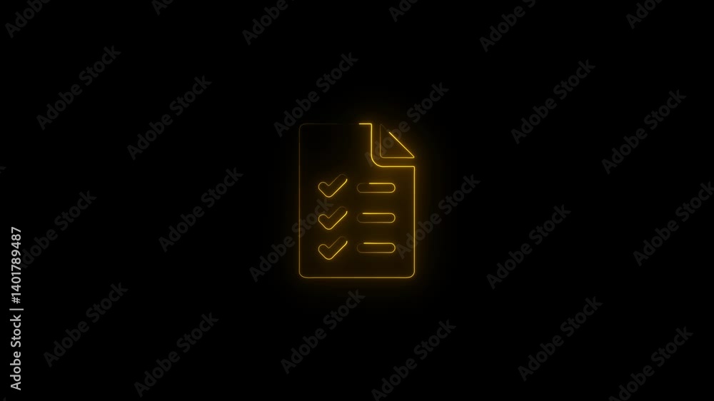 Poster glowing neon document file icon animation, neon pdf file icon.neon document checklist icon on a dark