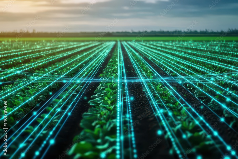 Poster vibrant agricultural field with neatly arranged rows of plants and soft rays of light illuminating t