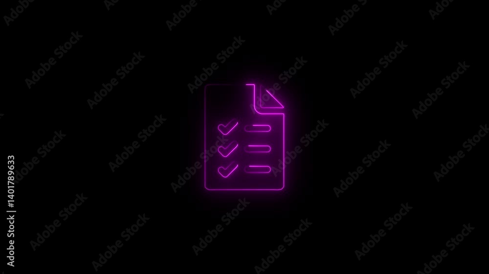 Poster glowing neon document file icon animation, neon pdf file icon.neon document checklist icon on a dark