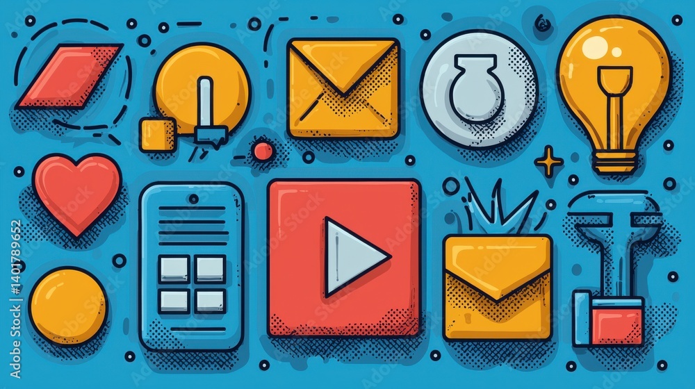 Poster a collection of 15 stylized outline icons depicting various elements of an action plan such as strat