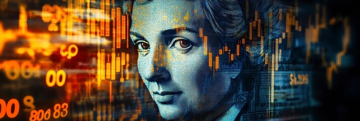 Woman's Face Composite with Stock Market Data Overlay - Financial Success, Investment, and Future