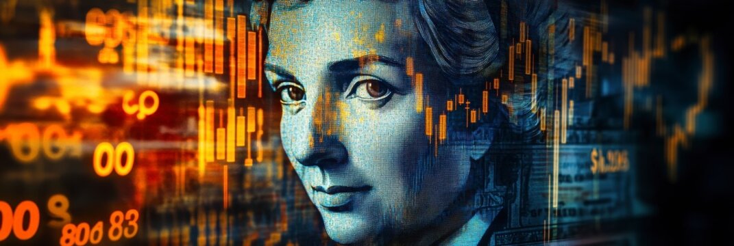 Woman's Face Composite with Stock Market Data Overlay - Financial Success, Investment, and Future