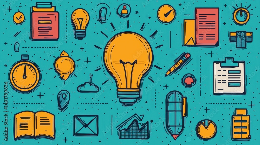 Poster a collection of outline icons symbolizing various elements of an action plan strategic thinking and 