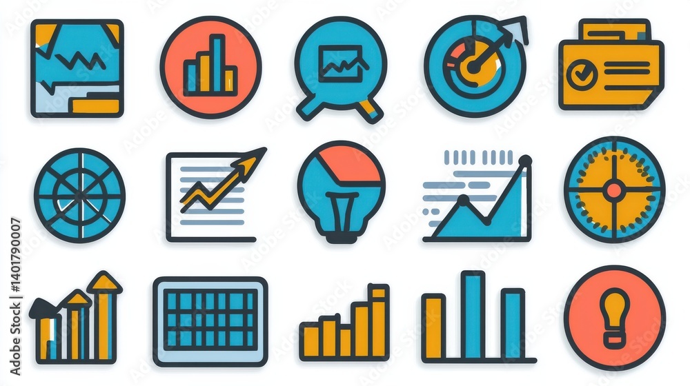 Poster a collection of colorful outline icons depicting various aspects of business team growth and data an