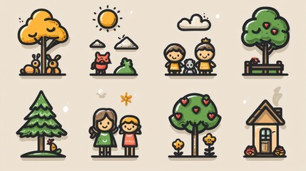 Fototapeta premium A charming set of 15 outline icons showcasing lighthearted family activities and moments in nature from playing in a park to a cozy home setting