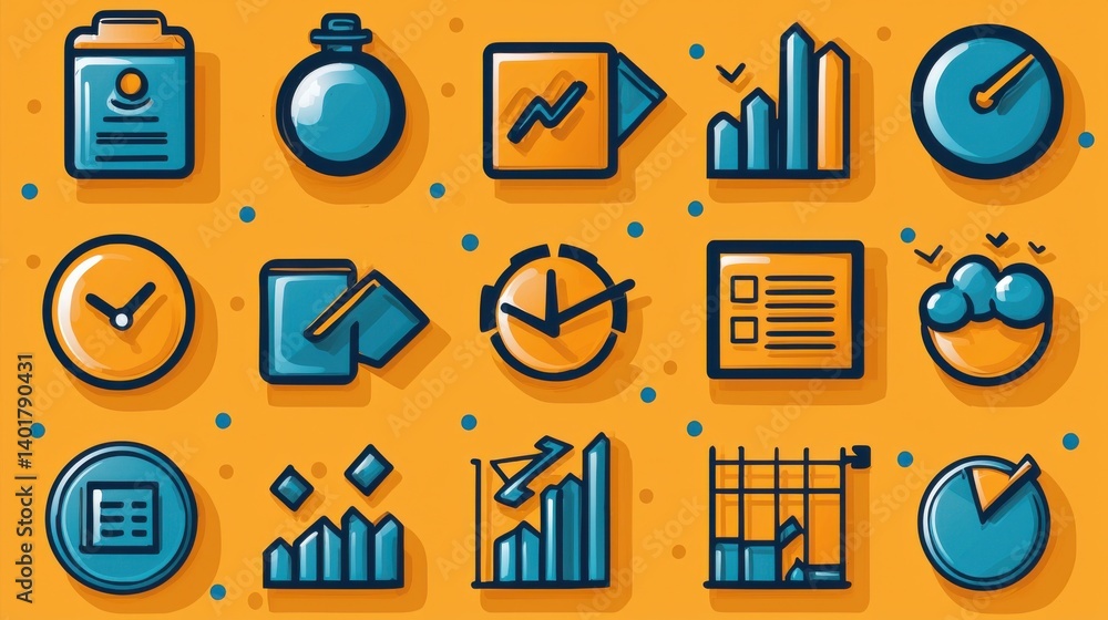 Poster a collection of 15 outline icons depicting different elements of data analysis business intelligence