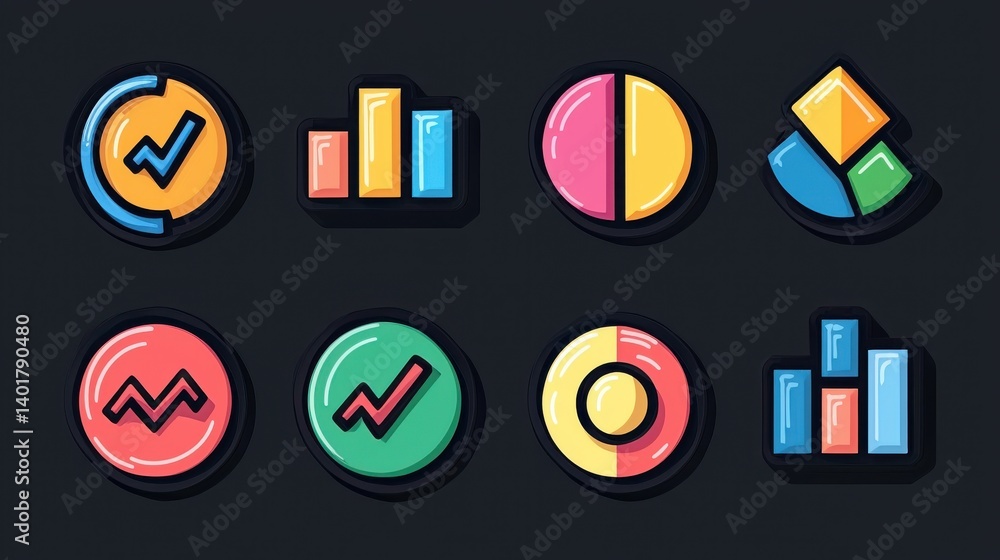 Poster a collection of colorful outline icons depicting different elements used in data visualization and s