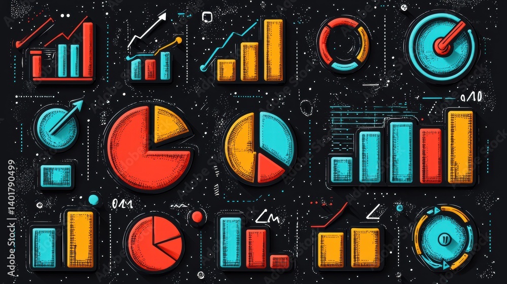 Poster a collection of 15 minimalist outline icons depicting different charts graphs and data visualization
