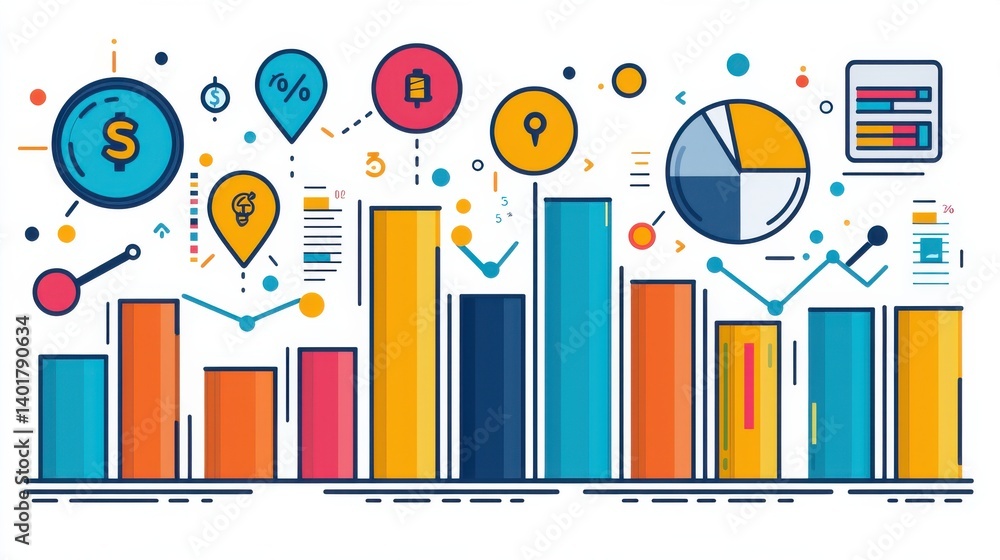 Poster colorful charts graphs and icons representing statistical data analytics and business performance me