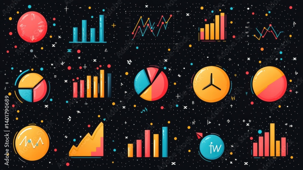 Poster collection of various data visualization icons charts and infographic elements in a minimalist flat 