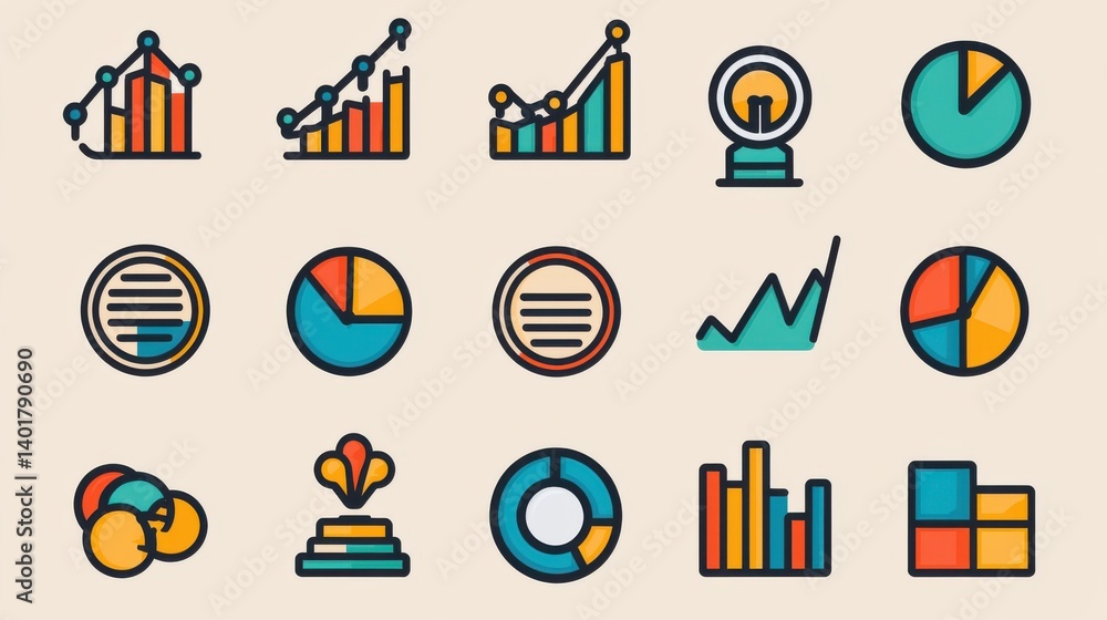 Poster a collection of 15 outline icons depicting different types of graphs charts and data visualization t
