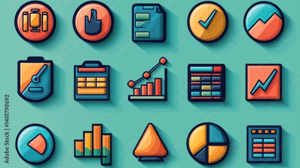 Poster a collection of 15 outline icons depicting different elements of statistics data analysis and busine